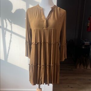 Elan Tan Long Sleeve Tiered Dress